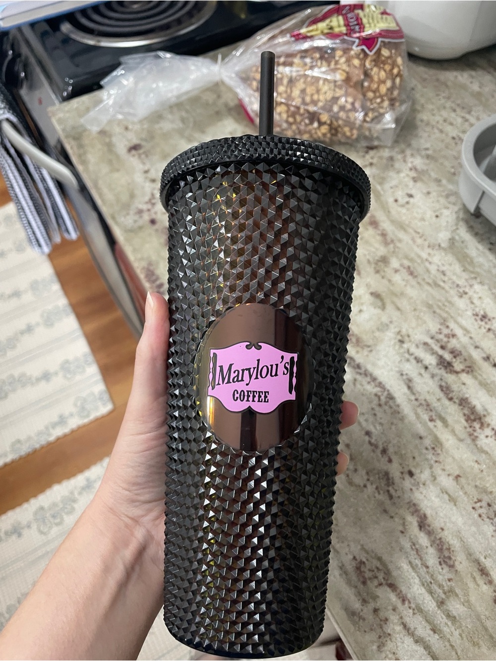 Marylou’s Coffee Black Studded Tumbler with Straw New Never Used